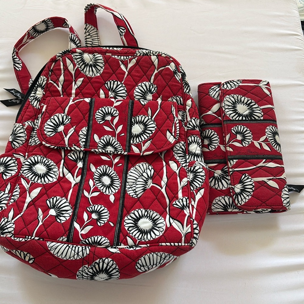 Vera Bradley small back pack and matching wallet. Red flower design